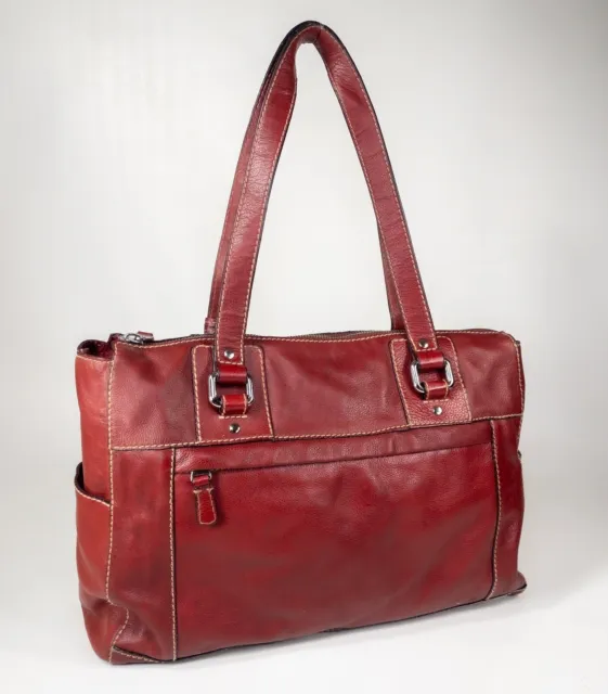 Vintage FOSSIL Red Pebbled Leather Laptop Tote Purse Weekender Carryall Bag Y2K