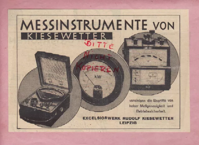 LEIPZIG, Werbung 1942, Excelsiorwerk Rudolf Kiesewetter Messinstrumente