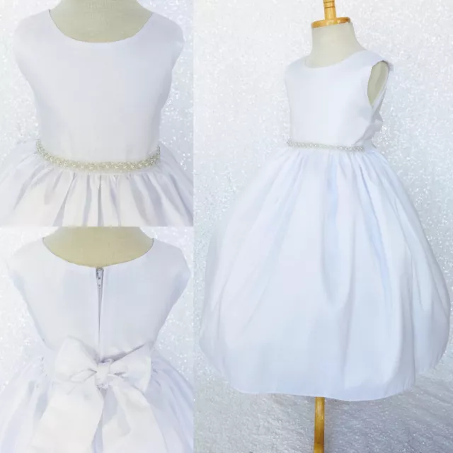 Sleeveless White Shantung Pearl Dress Wedding Birthday Pageant Flower Girl 2 4 6