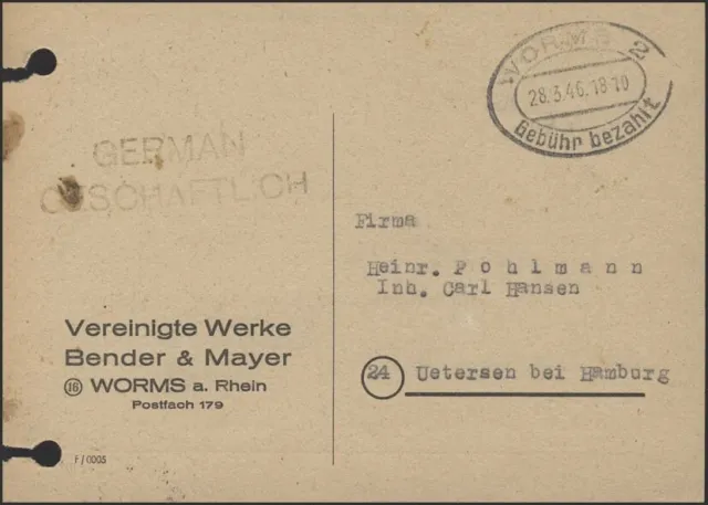 Fee Paid Stamp Postcard Worms 28.3.1946