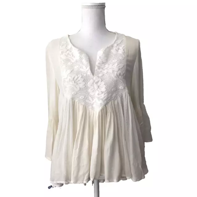 Ella Moss Blouse Top M Ivory Lace Neck Peasant Bohemian Anthropologie