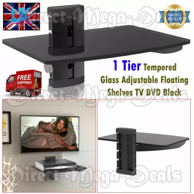 New 1 Tier Glass Floating Wall Mount Shelf Sky Box Game Console DVD Player Black