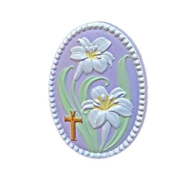 Hallmark PIN / PENDANT Easter Vintage CAMEO LILY FLOWERS Lilac Cross 90s Brooch