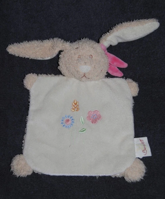 Marionnette Lapin BENGY Plat Beige Fleurs Rose Fille Hase Rabbit Doudou TTBE