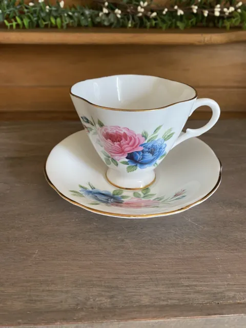 Vtg Teacup & Saucer Set Pink and Blue Roses Gold Trim Windsor Bone China