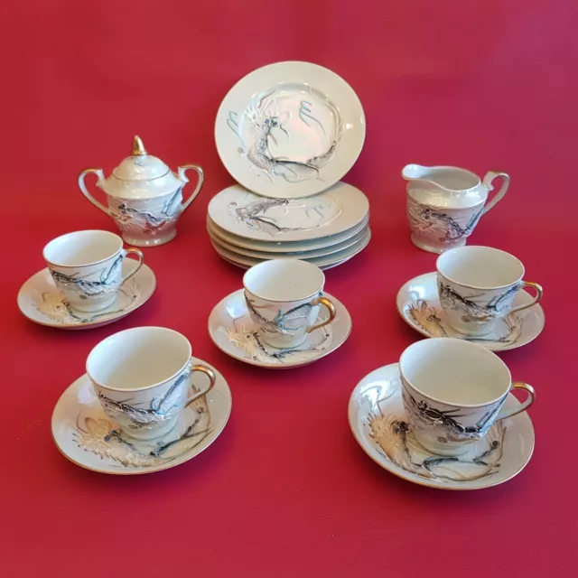Service à café /thé ancien en porcelaine Maruku Chinois Vintage décor peint  main