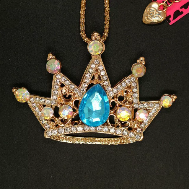New Holiday gifts  Blue Shiny Crystal Crown Pendant Sweater Chain Necklace