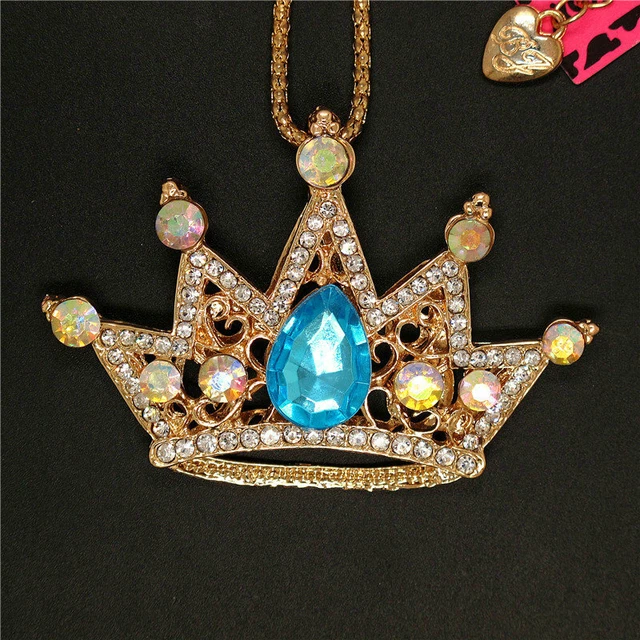 New Holiday gifts  Blue Shiny Crystal Crown Pendant Sweater Chain Necklace