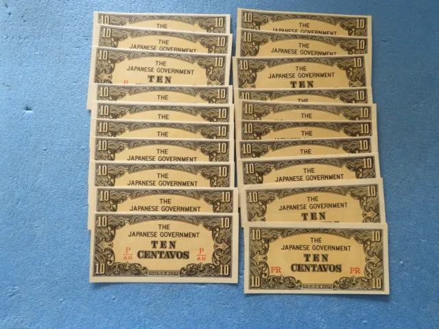 JIM PHILIPPINES Lot of (20) WW2 Japan TEN CENTAVOS Occupational Paper Money UNC