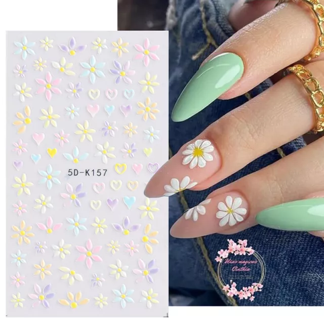 5D Nail Stickers Embossed Daisy Flower Bride Decals Nail Art DIY Decoration AU