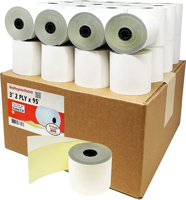 (32 Rolls) 2 Ply Carbonless Rolls 3" X 95 Feet White/Yellow Receipt Paper POS C