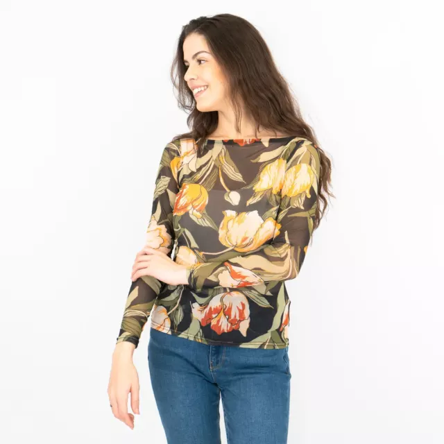 Karen Millen Womens Top Floral Tulip Mesh Long Sleeve Round Neck Lightweight