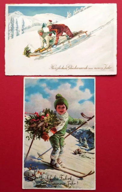 2 x Künstler AK NEUJAHR 1930/39 Typen auf Schlitten, Kind auf Ski    ( 6871
