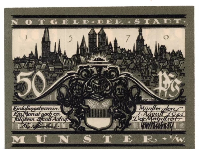 1921 Germany Notgeld Munster 50 Pfennig Note (H214)