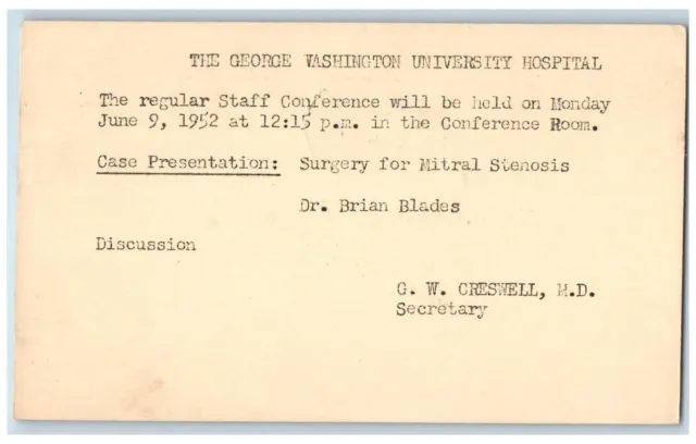 1952 George Washingon University Hospital Conference Washington DC Postal Card