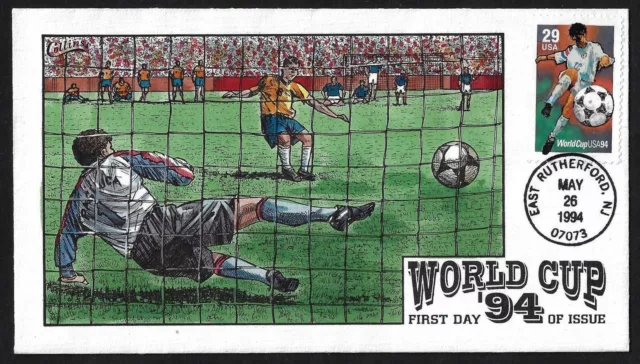 Us 1994 World Cup Soccer Hand Painted Cachet Illustrating Brazilian Penalty Kick