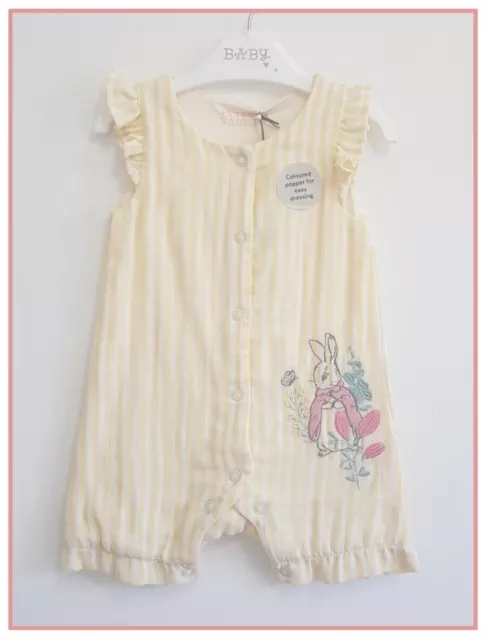 Baby Girls Peter Rabbit 3-6m Romper Suit Lemon Striped Summer All In One NEW