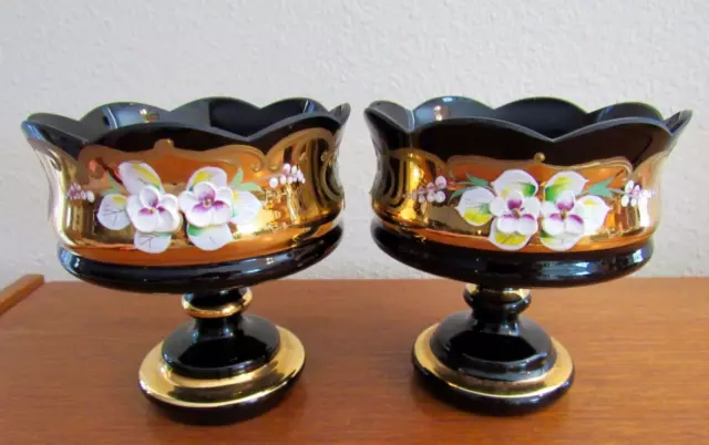 VTG. Czech Bohemian Egermann 24K Gold Enamel Black Art Glass Candle/Footed Bowls