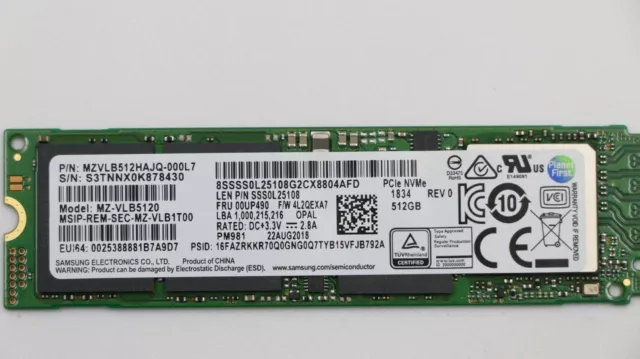 Lenovo 512GB M.2 NVMe SSD X1 Carbon P50 P70 P51 P71 T470s Samsung PM981 00UP490