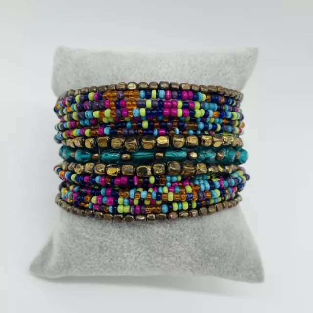 Beaded Open Cuff Bracelet Bronze Multicolor Seed Bead Boho Wire Jewelry 7"