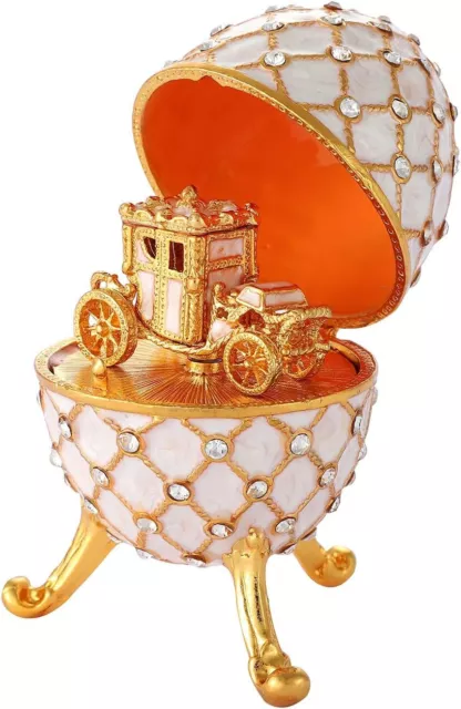 Bejeweled White Faberge Egg Hinged Metal Enameled Crystal Trinket box Mini Royal