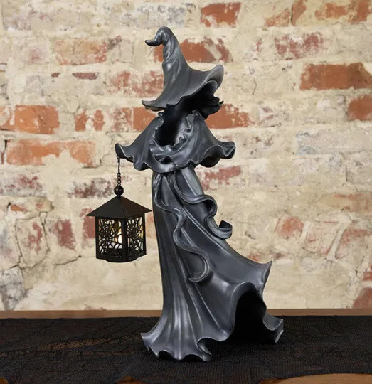 Cracker Barrel Black Resin Halloween Witch with LED Lantern In Hand Ships ASAP
