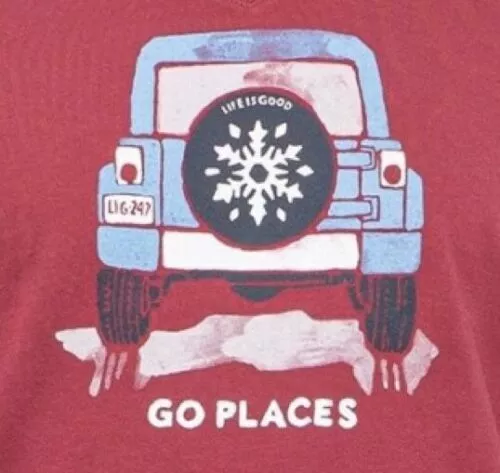 NWT Women's Life is Good Go Places Snowflake Jeep Cranberry LS Crusher Vee