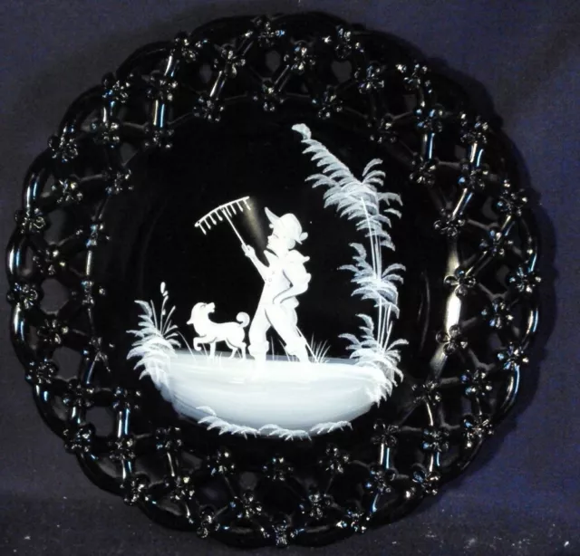 Westmoreland Mary Gregory plate Boy and dog 8.5" black glass