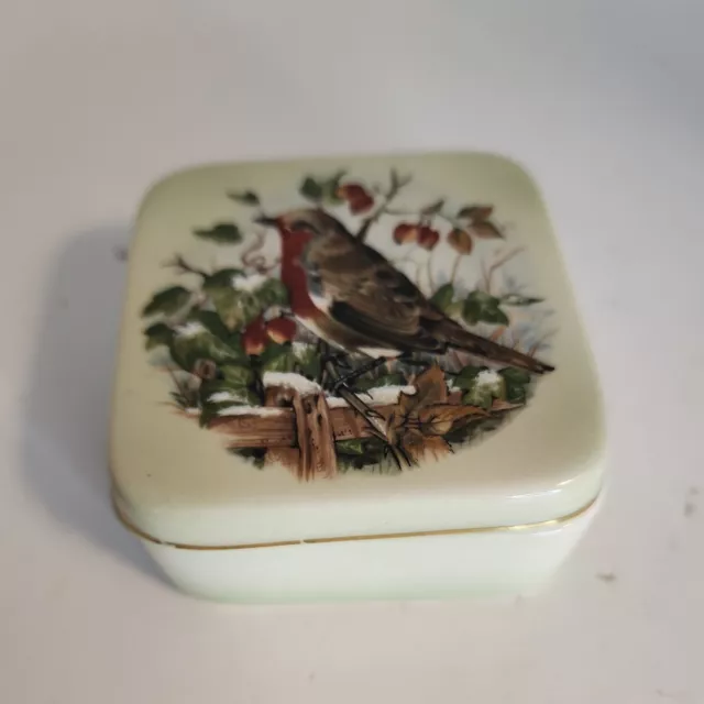 Royal Worcester Spode Palissy Trinket Box  Christmas Robin 2.5" Square Gold Rim