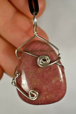 RHODONITE PENDANT +Cord 4.9cm 26g +Cord *Sterling Silver* Wire Wrapped Handmade
