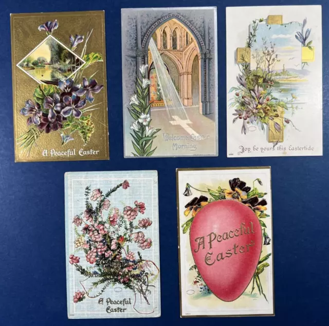 5 Nice Easter Antique Postcards.EMB.Gold/Silver.Flowers,Church,Scenes.PUBL:Bien
