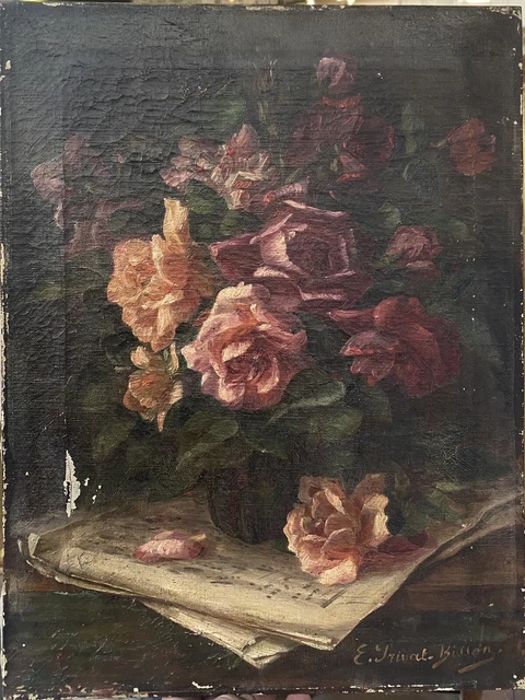 TABLEAU ANCIEN HUILE E.Privat-Bisson Bouquet de Fleurs Roses Partition ...