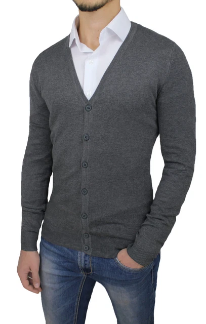 Maglione Cardigan Uomo Diamond Slim Fit Grigio Scuro Pullover Gilet Con Bottoni