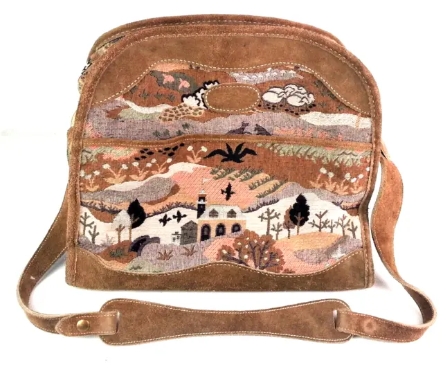 The French Company Tapestry Carry On Bag Countryside Suede Leather Strap Accents