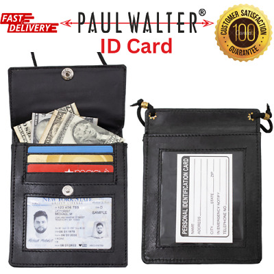 Paul Walter-100% Pure Genuine Leather Black ID Card, Name Pouch with Neck Strap