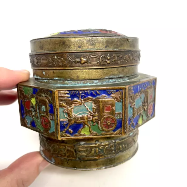 VTG Chinese Enameled Brass Tea Caddy Box Octagonal Repousse Chariot