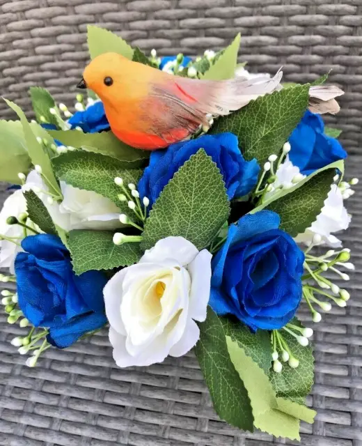 Artificial silk flowers memorial Crem Pot with robin Grave arrangement blue