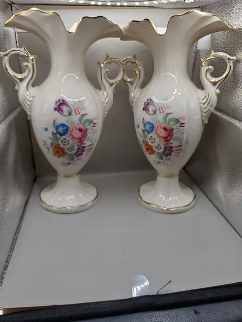 2 Royal China Floral Gregorian Victorian Style Hand Painted Two Handled Vase