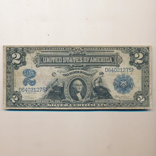 1899 $2 U.s. Silver Certificate Large Note Blue Seal ~ Circulated ~ Ships Free!