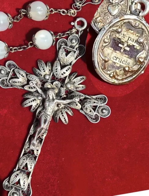 Relic True Cross Jesus + BIG Sterling Silver Filigree 25” ROSARY Reliquary Saint