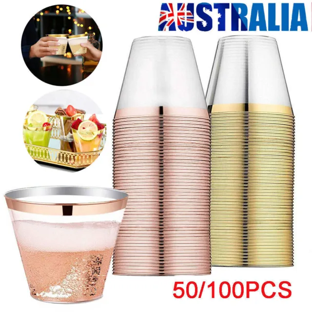 UP 100x Plastic Wine Glass Rose gold Glasses Drink Cup Cocktail Party Gold Cup