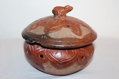 Tribal Pottery Lidded Pottery Bowl Vessel Frog Top Earthenware Colors Southwest 12