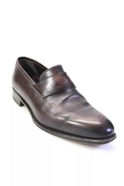 Brioni Mens Leather Apron Toe Low Cuban Heel Penny Loafers Dark Brown Size 41.5