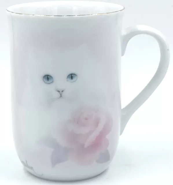 Vintage Otagiri White Cat Pink Rose Coffee Mug 10 oz Kitten Cup Bob Harrison
