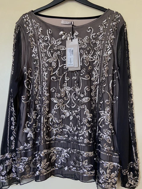 BNWT PER UNA Premium Sequin Black Mesh Top UK 20 Sheer Lined Embellished