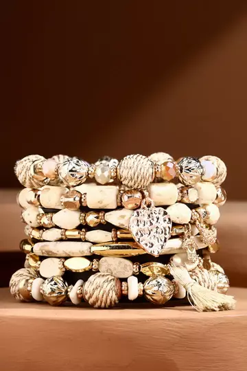 GORGEOUS BEIGE AND Gold Tone Bead Stretch Bracelet with Metal Accent ...