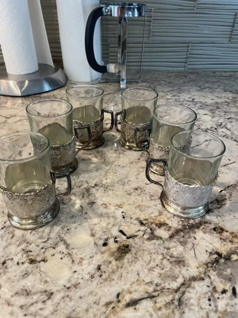 Vintage Persian (84) Silver Coffee Tea Cup Set of 6 w/￼ original glass