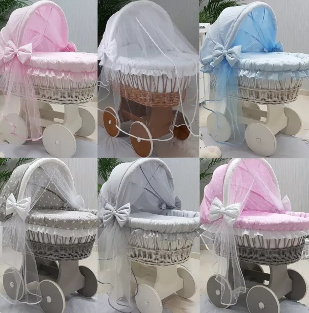 Wicker Moses Basket And Hood With Tulle + Chassis + Wheels + Bedding 14 Colours