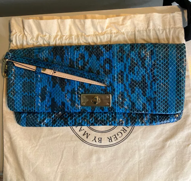 Marlene Birger Water Snake Leather Blue Black Wristlet Clutch Bag With Dust Bag