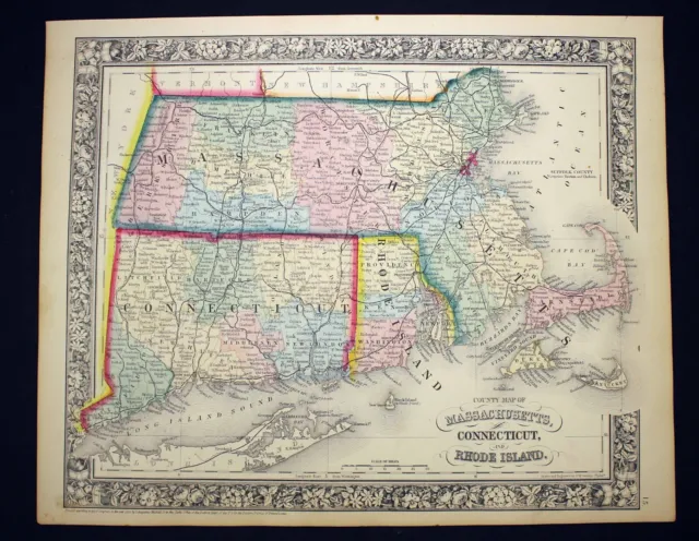 1864 Map Massachusetts Connecticut Rhode island Antique Original Hand Colored